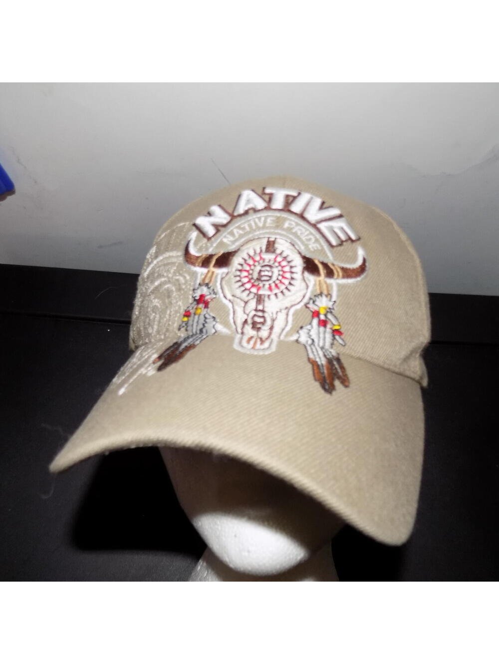 Native Pride Embroidered Western Bull Skull Adjustable Tan Baseball Cap Hat